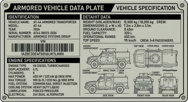 Military armored vehicle data plate with technical specifications and blueprints