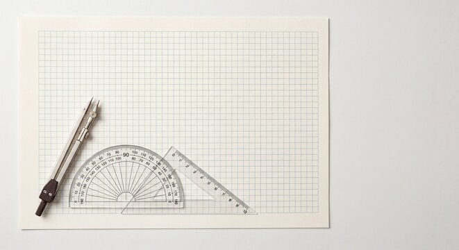 A top down minimalist view of a metallic compass and a clear plastic protractor ruler resting on a sheet of square grid paper