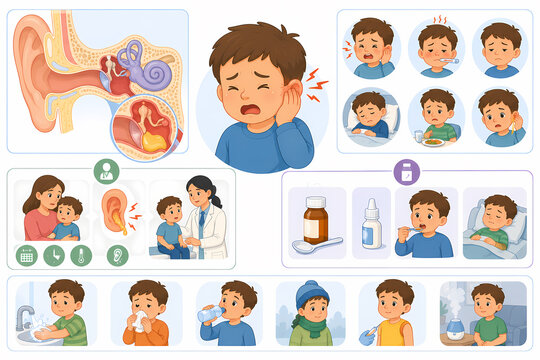 Children ear infection otitis media illustration