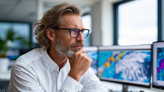 Professional meteorologist analyzing storm data with predictive models on multiple screens, modern disaster preparedness and weather services concept, defocused background, with