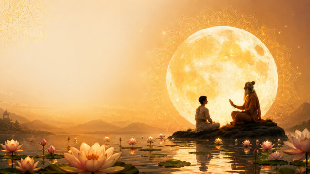 Spiritual Guru teaching his disciple on an island at sunset during Guru Purnima. Large golden full moon with mandala background, sacred river water with blooming pink lotus flowers and mountains.