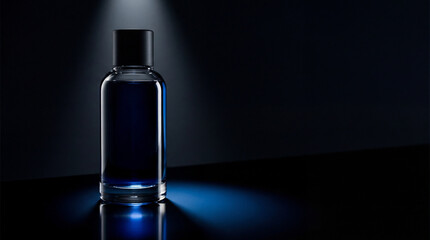 Naklejka premium A dark blue glass bottle with a black cap is illuminated by a spotlight against a black background. The bottle reflects light on a glossy surface.