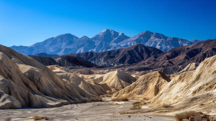 Obraz premium Eroded desert badlands and rugged mountain range, realistic arid landscape with pale sediment ridges, clear blue sky, sharp geological texture, hiking viewpoint, wilderness travel