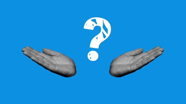 Two halftone hands with question mark swaying in confusion gesture on blue background. Retro pop art style, seamless loop for doubt and uncertainty concepts.