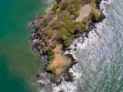 Aerial View of Rocky Shore and Breaking Waves Tobago