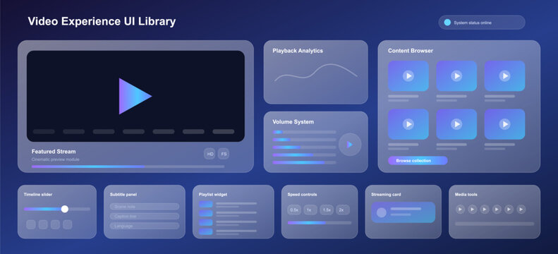 Video streaming ui dashboard displaying playback analytics and media library
