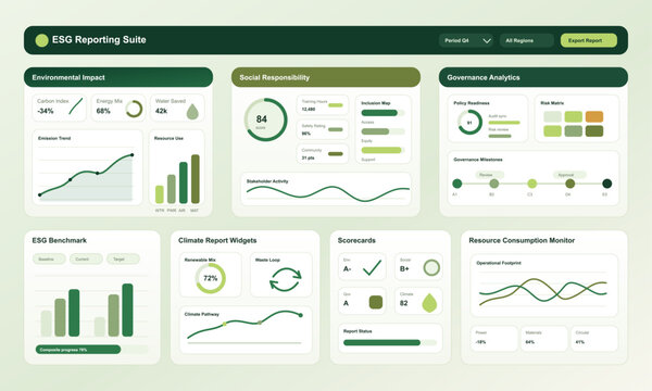 Esg reporting suite dashboard showing environmental impact