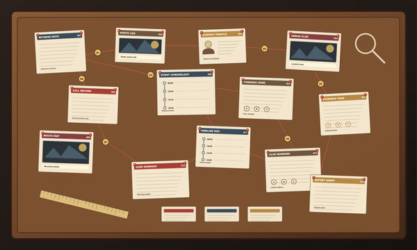 Detective investigation board showing case documents and red string connections