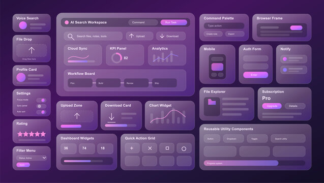 Glassmorphism ui kit elements for app interface design