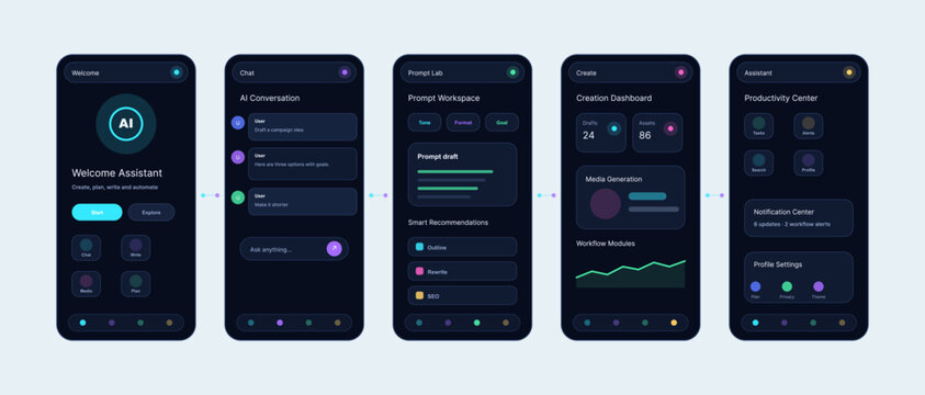 Ai assistant mobile app screen concepts in dark mode