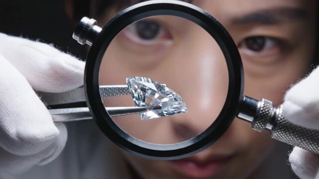 Jeweler Inspects Sparkling Diamond Under Magnifying Loupe, Assessing Quality