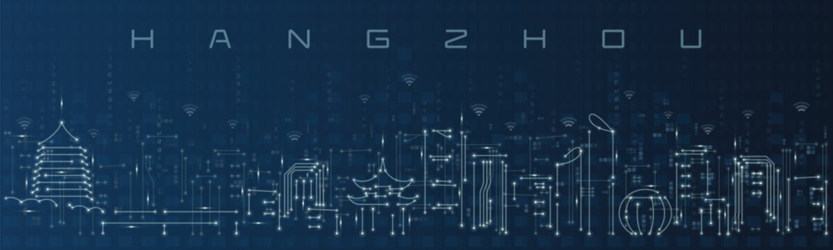 Hangzhou Smart City Skyline Vector in Circuit Board Style Futuristic Technology Background