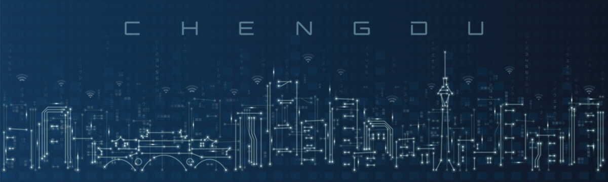 Chengdu Smart City Skyline Vector in Circuit Board Style Futuristic Technology Background