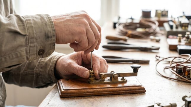 Technician carefully restoring and adjusting a vintage telegraph morse code key