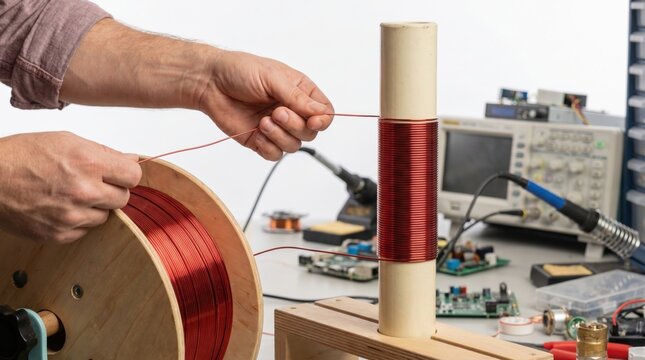 Electrical engineer manually winding red copper wire around a tube to create an inductor coil
