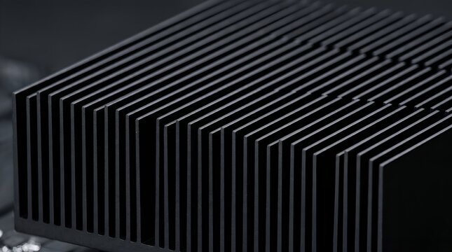 Macro Shot of a Technical Anodized Heat Sink Matrix with Geometric Cooling Fins.