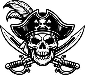 Fototapeta premium Black and White Pirate Skull with Captain Hat Feather and Crossed Swords Sabers – Jolly Roger Skull Crossbones Bold Vector Logo Illustration