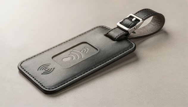 Medium shot of a sleek smart leather luggage tag with a slim strap highlighting its embedded NFC chip for easy digital contact sharing during travel.
