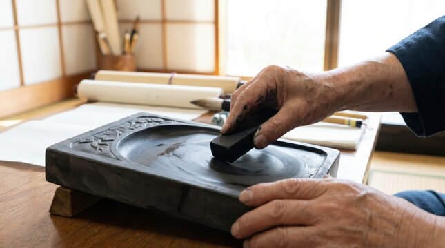 Calligraphy artist preparing black ink by grinding an inkstick on a stone