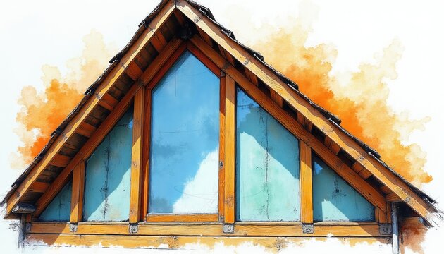 Wooden roof gable with triangular window section. Exterior architectural detail with framing and glass panes. Illustration of house construction, renovation, or design.