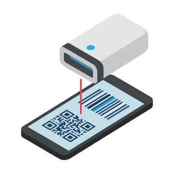 Handheld barcode scanner aiming at a smartphone screen with qr code and linear barcode patterns in a minimalist isometric design, modern technology concept