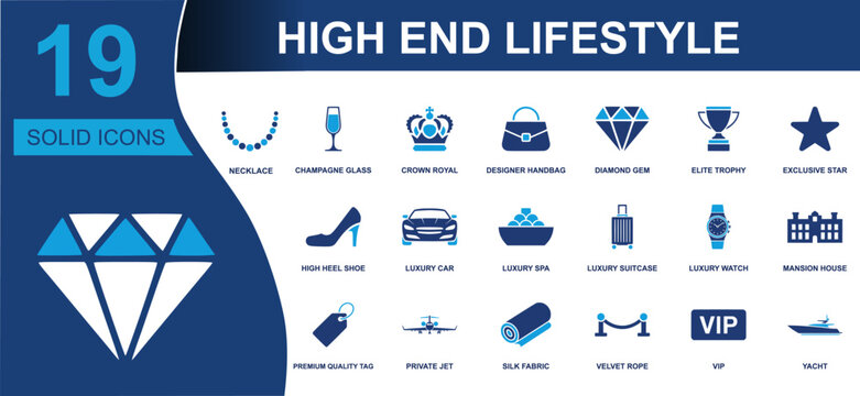 High end lifestyle icon set. Containing necklace, champagne glass, designer handbag, diamond gem, luxury car, private jet, VIP pass, yacht, mansion house and more. Solid fill vector icons.