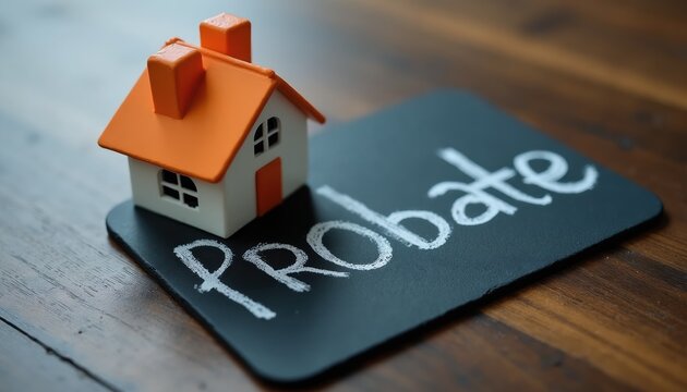 Miniature house model rests on slate board with word probate written in chalk. Represents estate legal proceedings inheritance transfer of property.