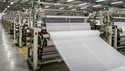 Fototapeta premium Medium shot of warp knit fabric production showing large machines weaving continuous polyester sheets in an industrial textile factory environment.