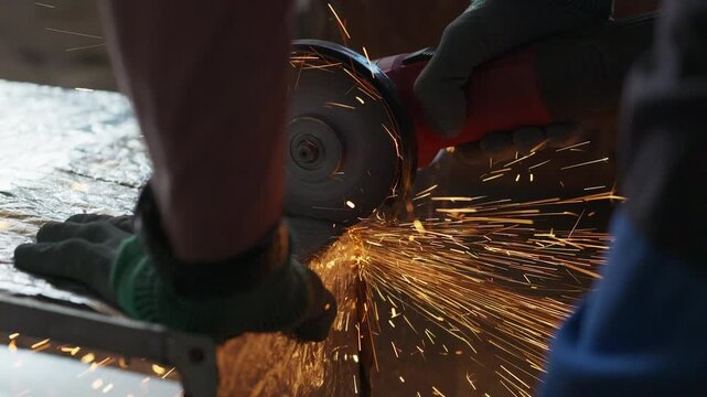 Cutting construction material with angle grinder and flying sparks