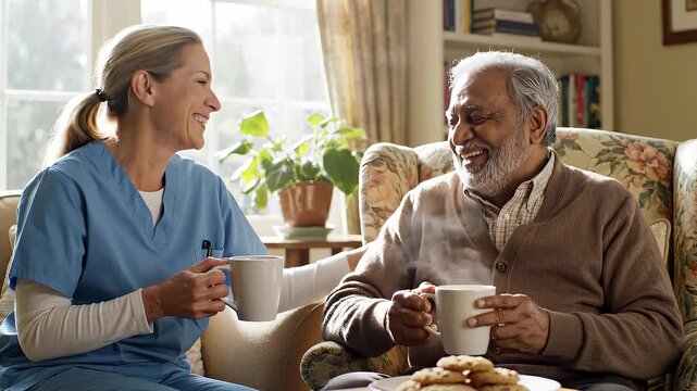 A female caregiver and a senior man drink hot tea and laugh together at home. This scene captures a warm, supportive relationship in a home setting. Ideal for elderly care services.