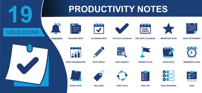 Productivity notes icon set. Containing reminder, calendar note, checklist, due date, quick note, task list, task progress, sticky note, priority flag and more. Solid fill vector icons.