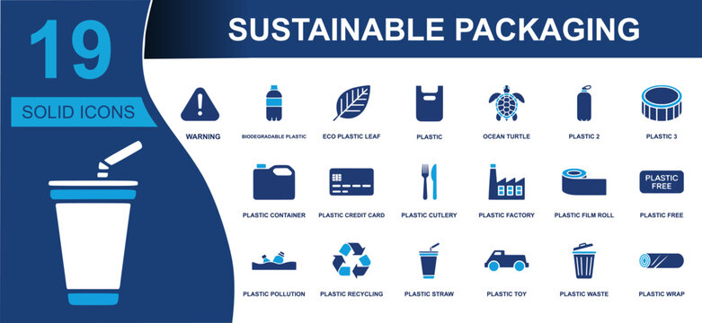 Sustainable packaging icon set. Containing biodegradable plastic, eco leaf, plastic free, recycling, plastic wrap, waste bin, pollution, reusable cup and more. Solid fill vector icons.