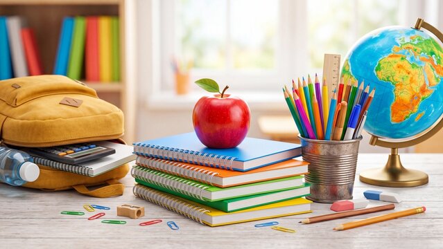 Colorful school supplies on wooden desk with yellow backpack stack of notebooks red apple globe pencils and ruler. Student classroom setup concept