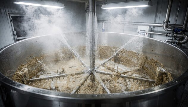 Medium shot capturing hot rinse water sprayed inside the mash tun flushing residues from walls and rakes with steam rising in a sterile environment.