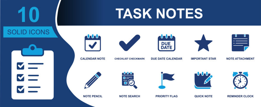 Task notes icon set. Containing calendar note, checklist checkmark, due date calendar, important star, note attachment, priority flag, quick note, reminder clock and more. Solid fill vector icons.