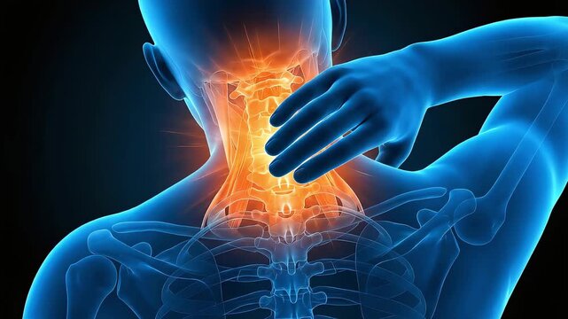 A 3D anatomical diagram of a man showing neck pain, cervical spine inflammation, and severe shoulder stiffness.