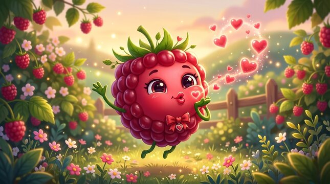 Cute cartoon raspberry character blowing hearts in sunny garden  
