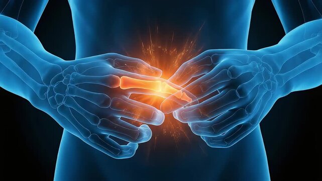 Medical 3D animation depicting joint pain in the fingers and the pain of sprained fingers.