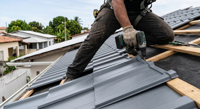Roofer Installing Gray Metal Roof Tiles On Residential House