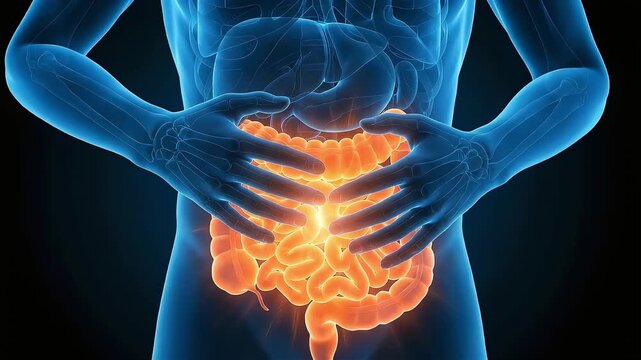 Medical 3D animation depicting severe abdominal pain, intestinal inflammation, and constipation.