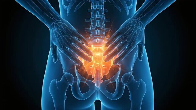 A CG illustration of the back of a person pressing on their sacrum and lower back with both hands to relieve pain.