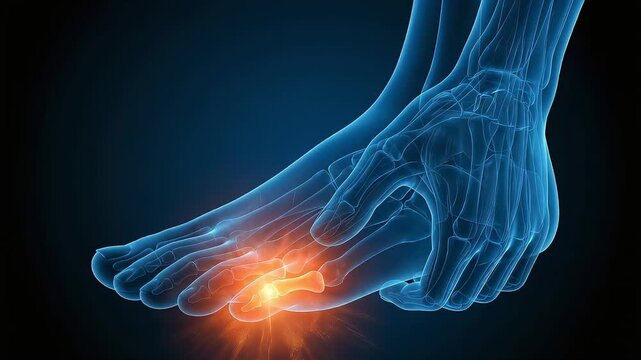 A CG illustration of a skeleton depicting pain in the joint of the big toe.
