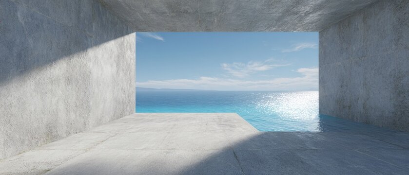  Interior de concreto vazio com vista para o mar. Fundo 3D moderno para mockup de carros e apresenta&ccedil;&atilde;o de produtos