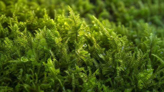 Lush green moss macro photography, vibrant forest floor texture with morning dew, organic botanical background for nature design