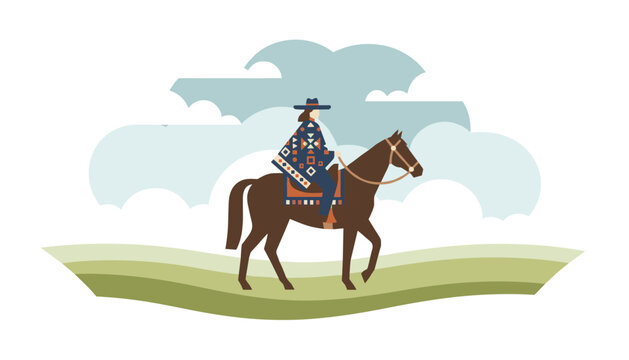 Person riding brown horse wearing patterned poncho and wide-brimmed hat against stylized blue clouds and green rolling hills background for equestrian travel and adventure concept.