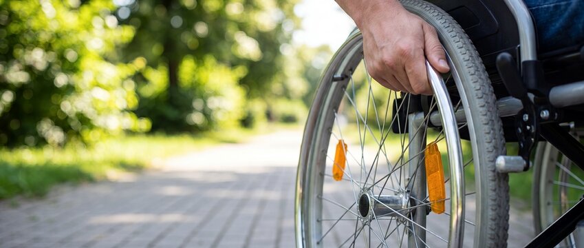 Disabled person in a manual wheelchair in a bright sunny green park environment.