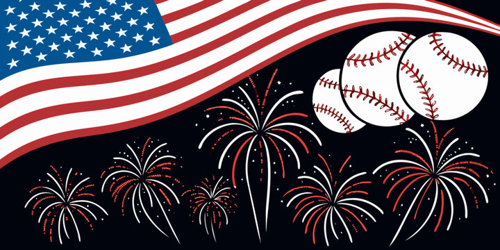 Patriotic American baseball celebration with flag and fireworks