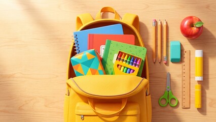 Obraz premium Open yellow backpack filled with colorful notebooks pencils crayons eraser scissors ruler glue and apple on wooden table. Back to school preparation for student learning and education start