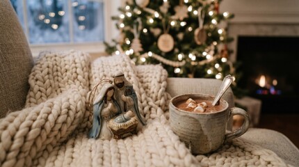 Obraz premium Cozy scene with mug of hot chocolate and Christmas decorations 