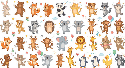 Cute dancing animals vector collection with happy cartoon forest safari and domestic pets celebrating birthday party with balloons and music © Md